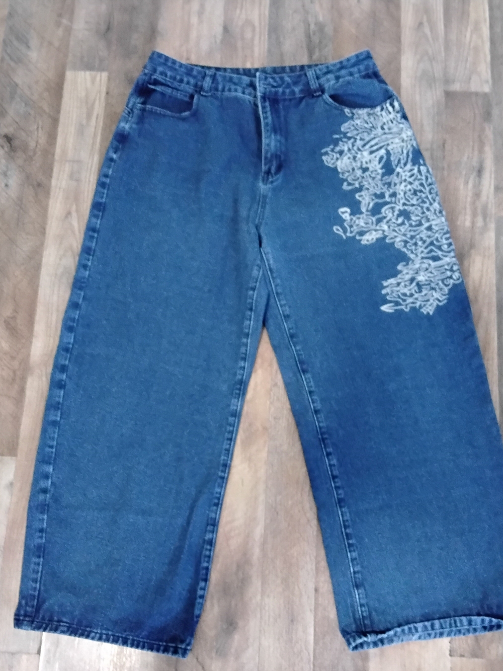 Women’s Blue Wide-Leg Jeans with Side Embroidery